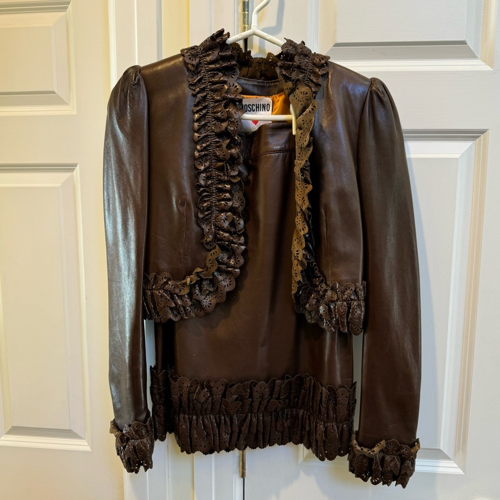 Moschino Vintage Leather Jacket And Skirt Set